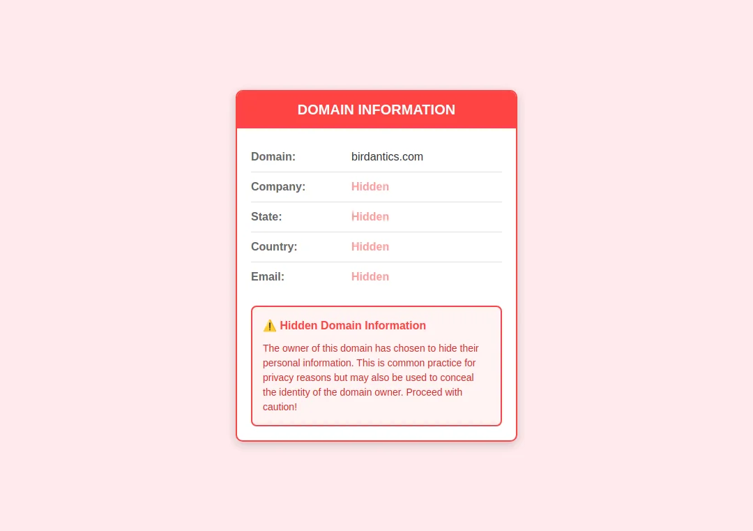Whois privacy alert for birdantics.com showing hidden domain owner details