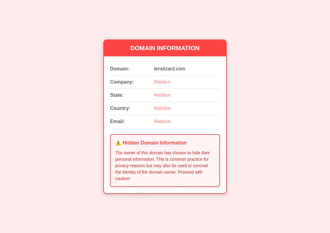 Alert icon showing hidden domain registration for lenslizard.com