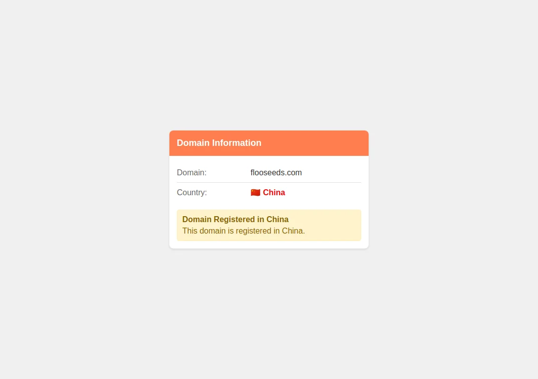 Domain registration country alert showing China for flooseeds.com