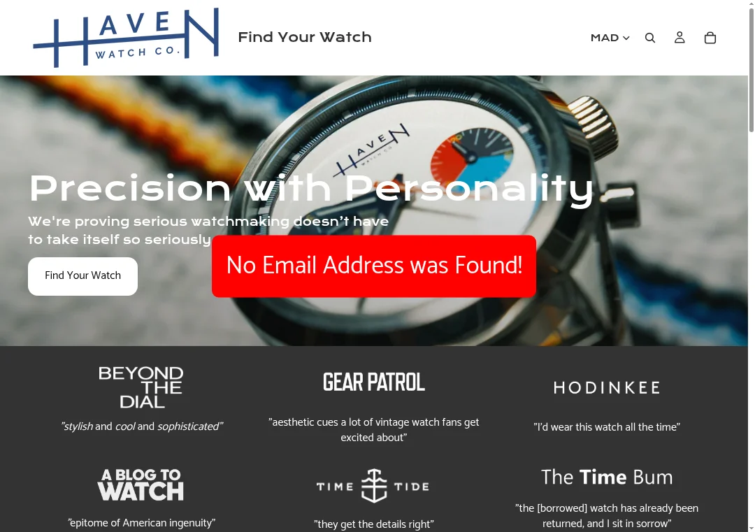 Screenshot of havenwatchco.com missing email contact