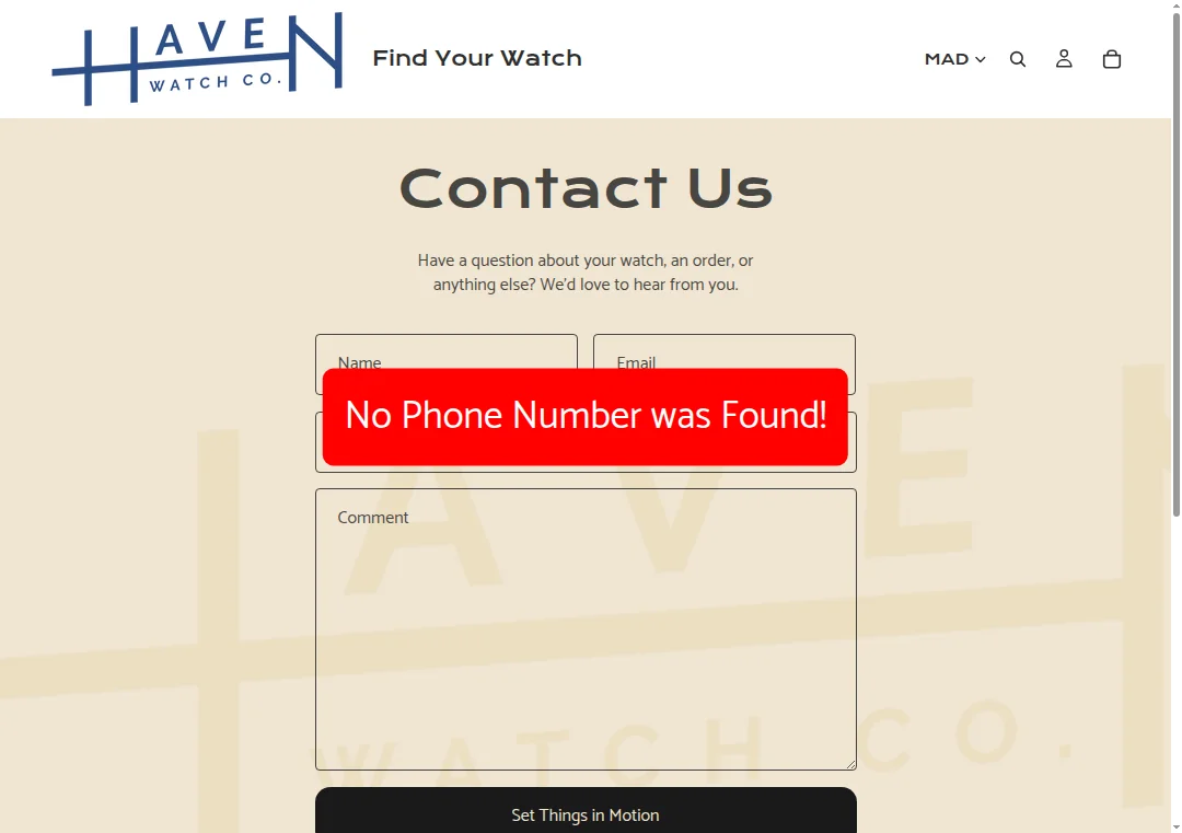 Screenshot showing no phone number on havenwatchco.com
