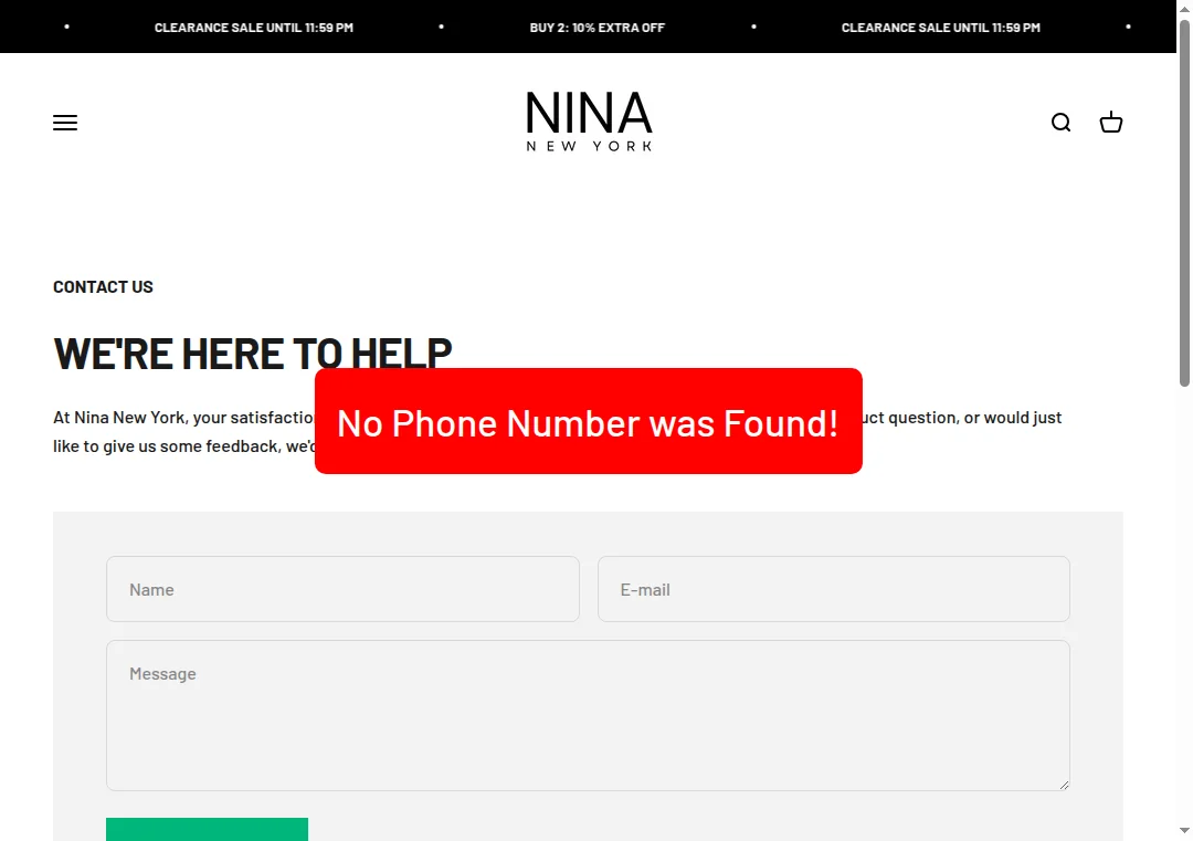Screenshot showing nina-newyork.com has no phone number listed