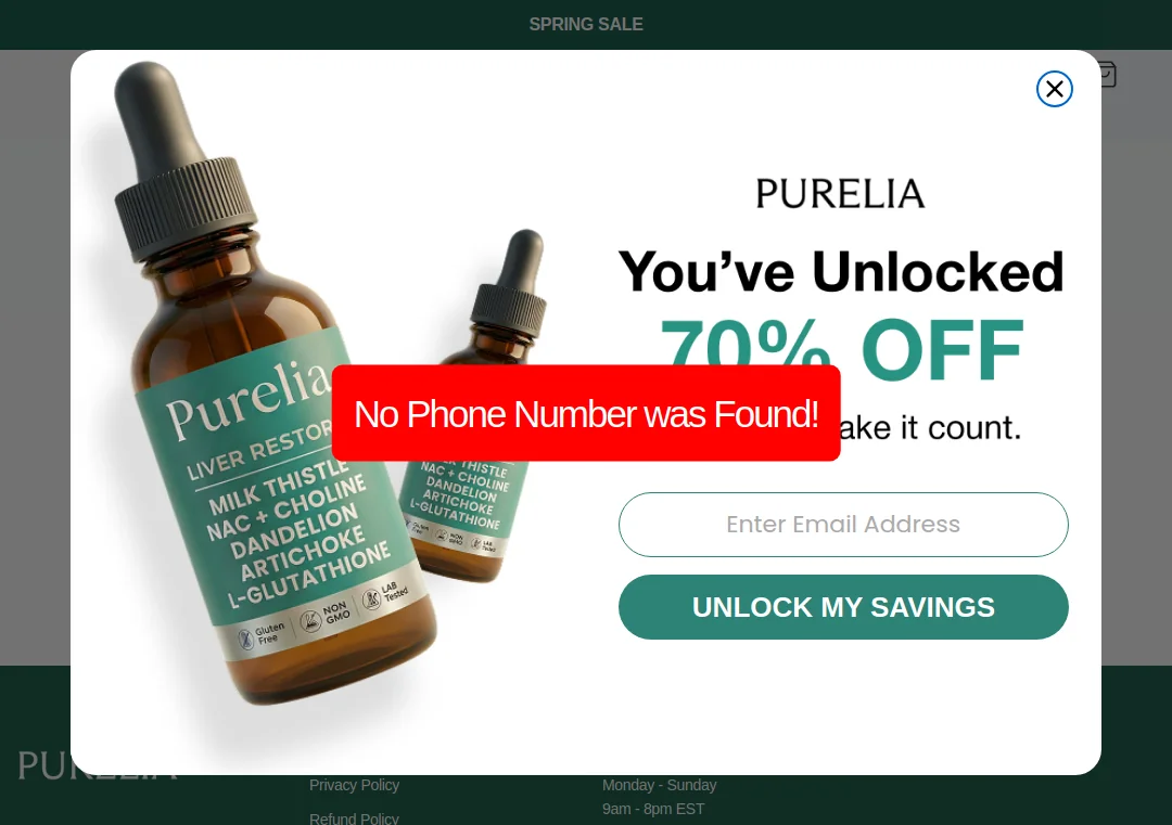 Officialpurelia.com contact page or footer showing no phone number