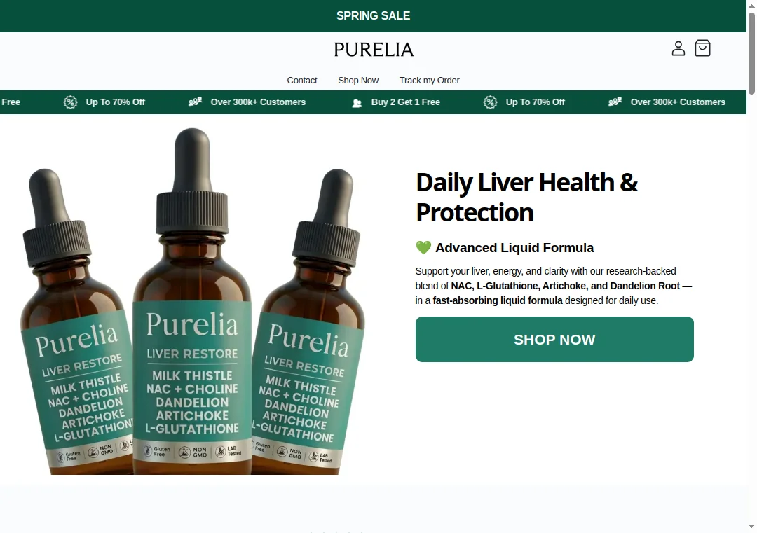 Screenshot of officialpurelia.com homepage showing product claims