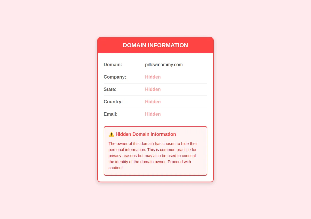 Domain privacy alert for pillowmommy.com showing hidden owner info