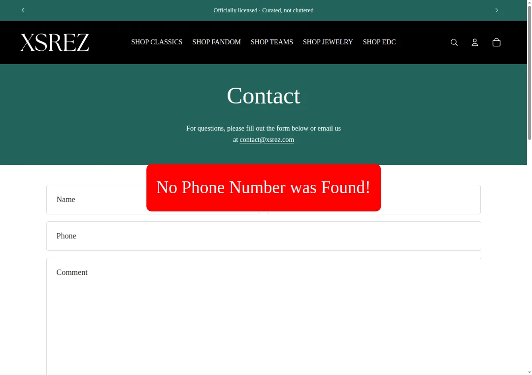 Screenshot of xsrez.com contact page showing no phone number