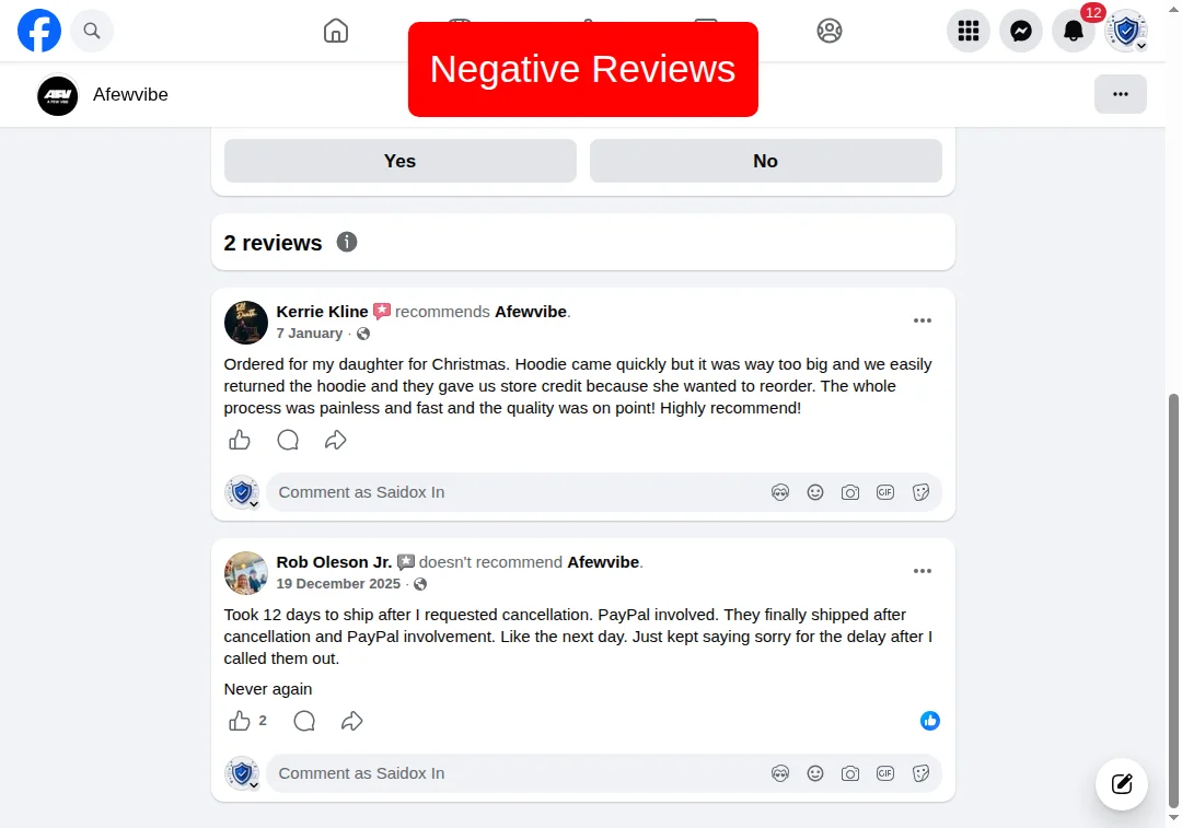 Facebook screenshot showing a negative recommendation about afewvibe.com