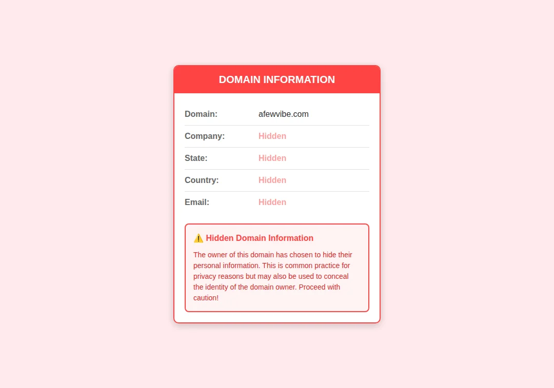 Domain privacy alert showing that afewvibe.com owner registration details are hidden