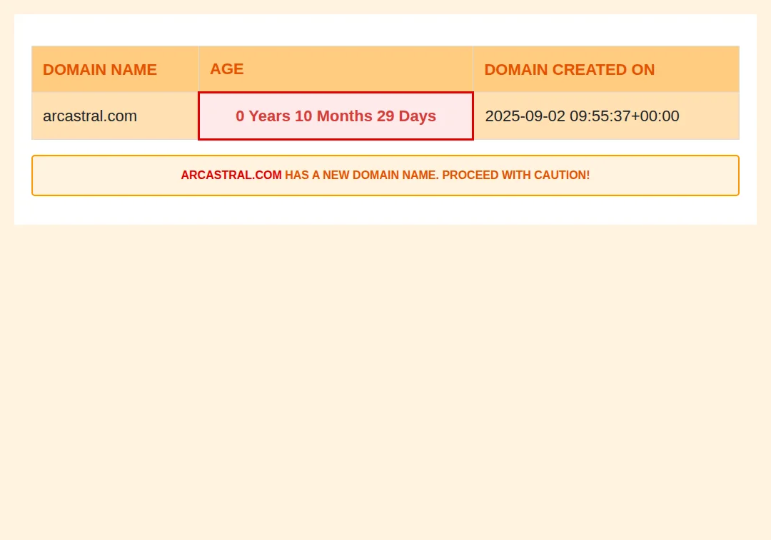 Domain age alert for arcastral.com showing it is less than a year old