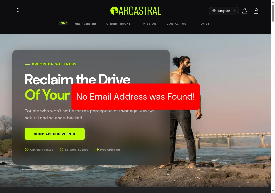 Screenshot showing arcastral.com has no email contact information