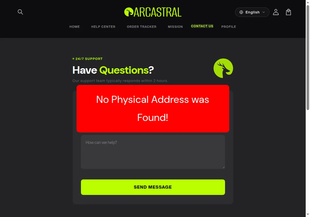 Screenshot of arcastral.com showing no physical address available