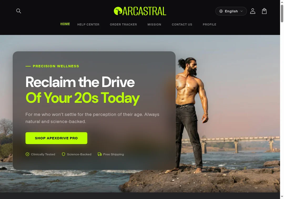 Screenshot of arcastral.com homepage showing wellness products