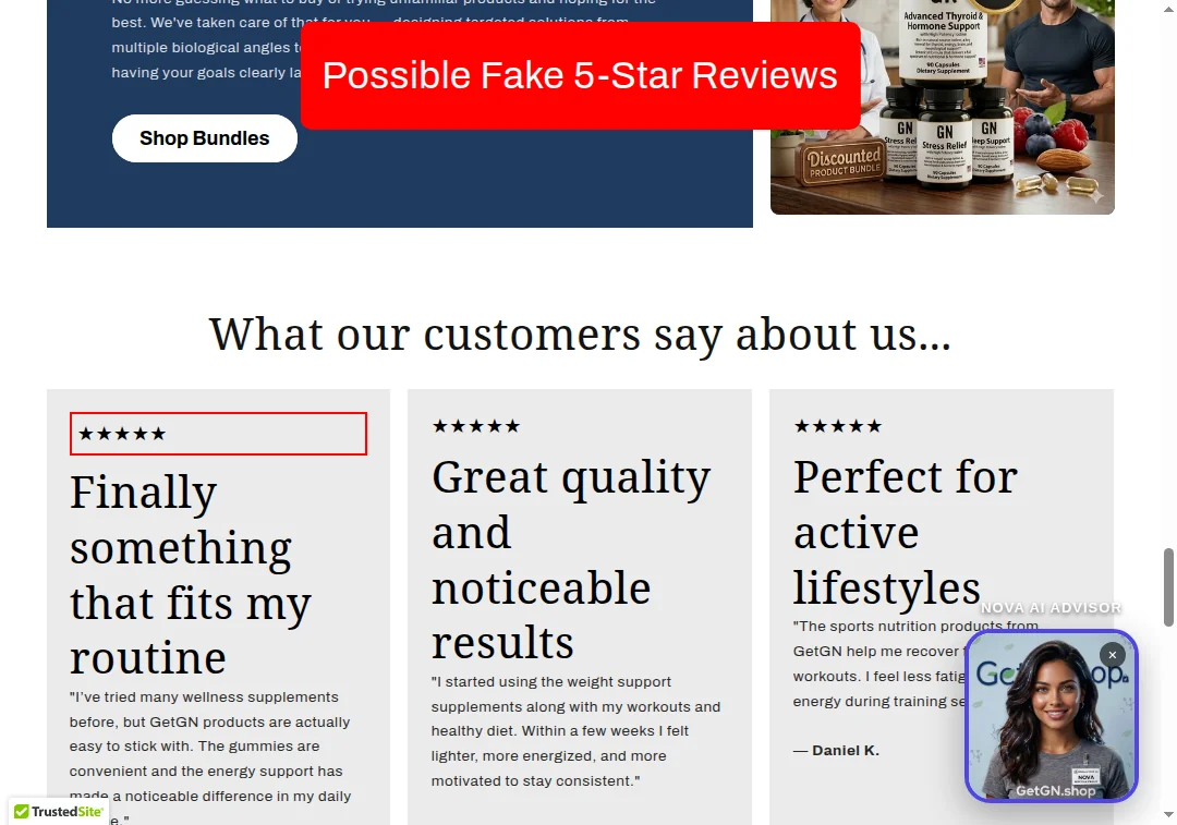 Example of the 5.0 rating displayed on getgn.shop with no review count details
