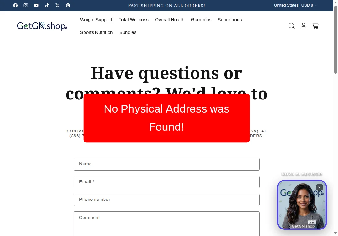 Notice that getgn.shop does not list a physical business address
