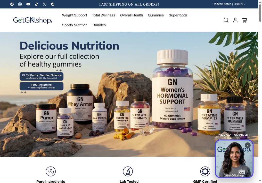 Screenshot overview of the getgn.shop homepage layout