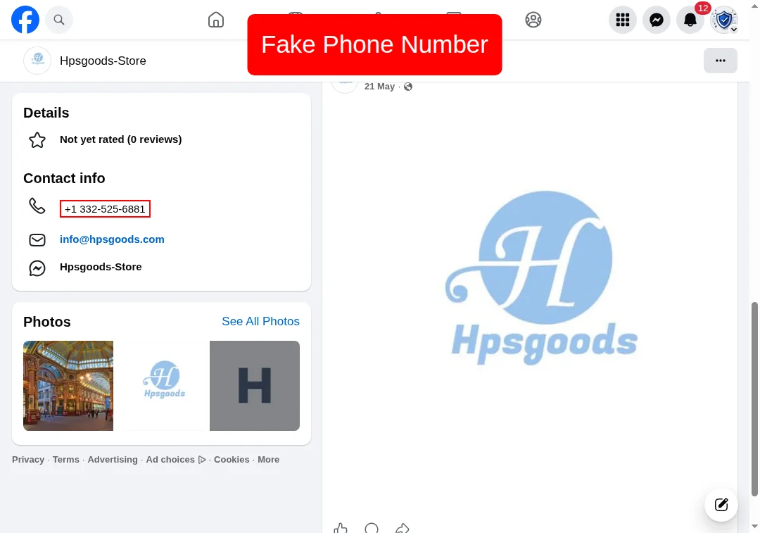 Warning about fake US phone number for hpsgoods.com Chinese domain