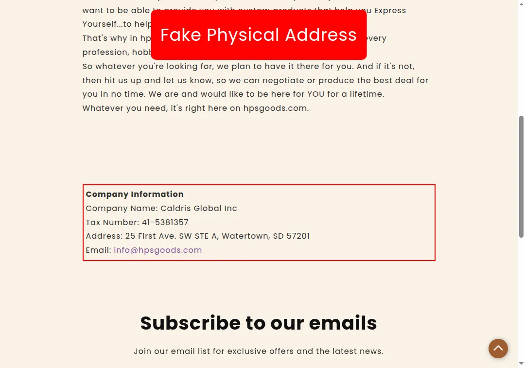 Fake physical address alert for hpsgoods.com showing US address but Chinese domain