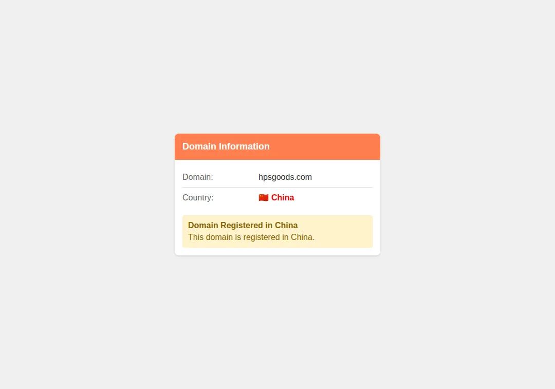 Alert showing hpsgoods.com domain country is China