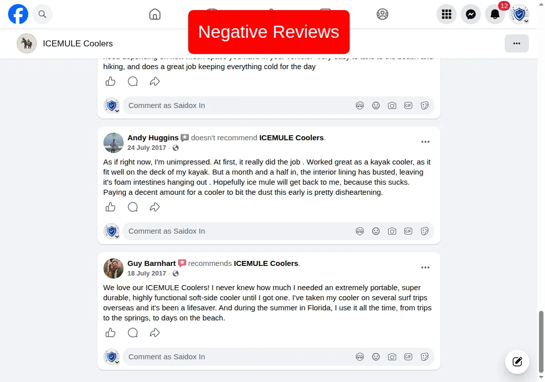 Screenshot showing a Facebook review warning that icemule.com does not recommend