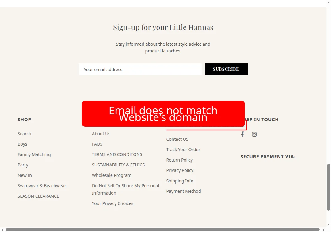 Email mismatch alert for littlehannas.com showing different domain