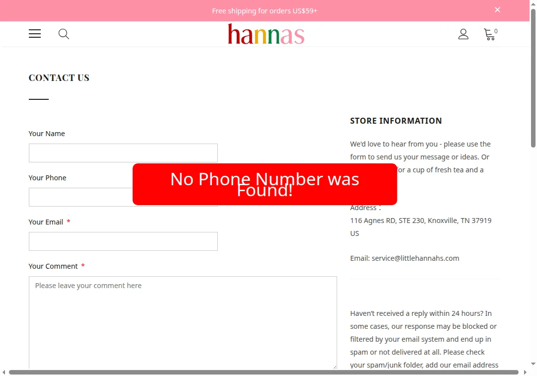 Littlehannas.com website with no phone number listed