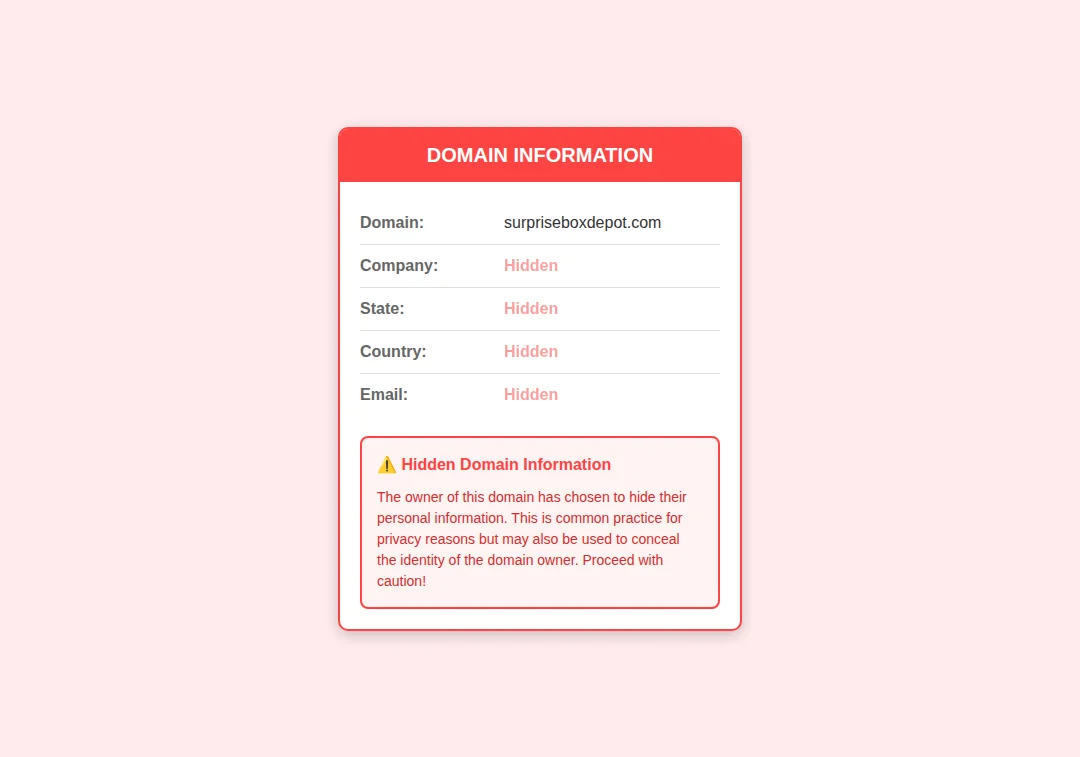 Privacy alert showing the domain owner info is concealed for surpriseboxdepot.com