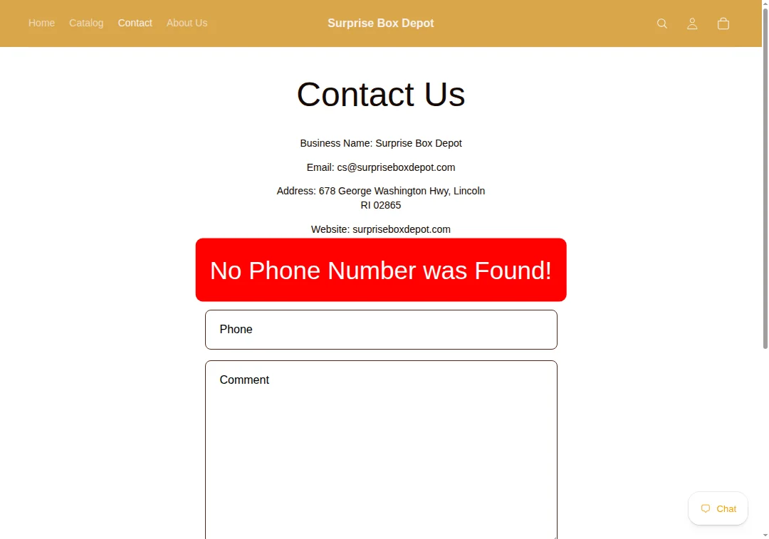 Screenshot showing no phone number available on surpriseboxdepot.com